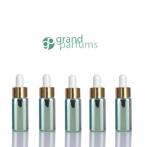 5 Mini 5ml GLASS Essential Oil Glass Dropper Bottles (1/6 Oz) Metallic BLUE Colors w/ Shiny Metallic GOLD Glass Pipettes  5 ml