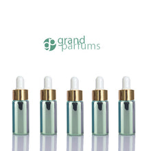 Load image into Gallery viewer, 5 Mini 5ml GLASS Essential Oil Glass Dropper Bottles (1/6 Oz) Metallic RED Colors w/ Shiny Metallic GOLD Glass Pipettes  5 ml