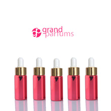 Load image into Gallery viewer, 5 Mini 5ml GLASS Essential Oil Glass Dropper Bottles (1/6 Oz) Metallic GREEN Colors w/ Shiny Metallic GOLD Glass Pipettes  5 ml