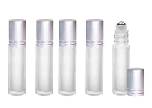 Load image into Gallery viewer, 12 FROSTED 10ml Deluxe Roll On Bottles w/ Stainless Steel Roller Balls Essential Oil Perfume Lip Gloss Roller MATTE Silver Cap Shiny Accents