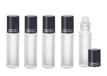 Load image into Gallery viewer, 12 FROSTED 10ml DELUXE Roll On Bottles w/ Resin Roller Ball Essential Oil Perfume Lip Gloss Roller Shiny Black Cap Silver Accents