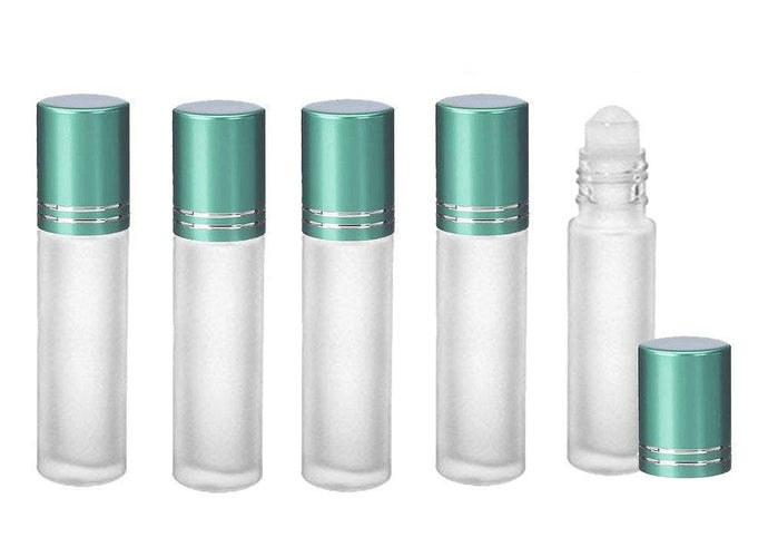 12 FROSTED 10ml DELUXE Roll On Bottles w/ Resin Roller Balls 10 ml 1/3 Oz Essential Oil Perfume Lip Gloss MATTE Turquoise Cap Silver Accents