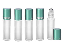 Load image into Gallery viewer, 12 FROSTED 10ml Deluxe Roll On Bottles w/ Stainless Steel Roller Balls Essential Oil Perfume Lip Gloss MATTE Turquoise Cap Silver Accents