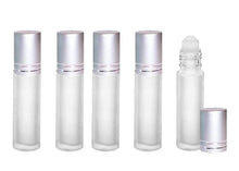 Load image into Gallery viewer, 12 FROSTED 10ml DELUXE Roll On Bottles w/ Resin Roller Balls 10 ml 1/3 Oz Essential Oil Perfume Lip Gloss MATTE Turquoise Cap Silver Accents