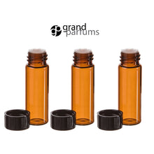 Load image into Gallery viewer, 6 Amber Glass Vials 1 DRAM 3.7ml Bottles w/ Black Caps and ORIFICE REDUCERS Essential Oil, Perfume Carrier Oil, Sampler, Cosmetic Vials