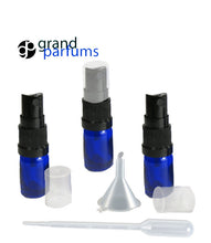 Load image into Gallery viewer, 3 COBALT BLUE 10mL Essential Oil Mini Glass Spray Bottles 1/3 Oz Fine Mist Atomizers Aromatherapy, Travel, Freshener, Floral Water