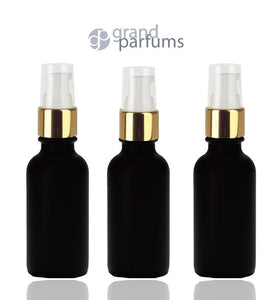 3 LUXURY 30ml Matte Glass BLACK Cosmetic Bottles w/ Metallic Silver Treatment Pumps 1 Oz MODERN Beauty Skincare Packaging Serum Lotion 30 ml