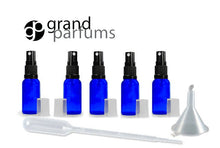 Load image into Gallery viewer, 3 COBALT BLUE 10mL Essential Oil Mini Glass Spray Bottles 1/3 Oz Fine Mist Atomizers Aromatherapy, Travel, Freshener, Floral Water