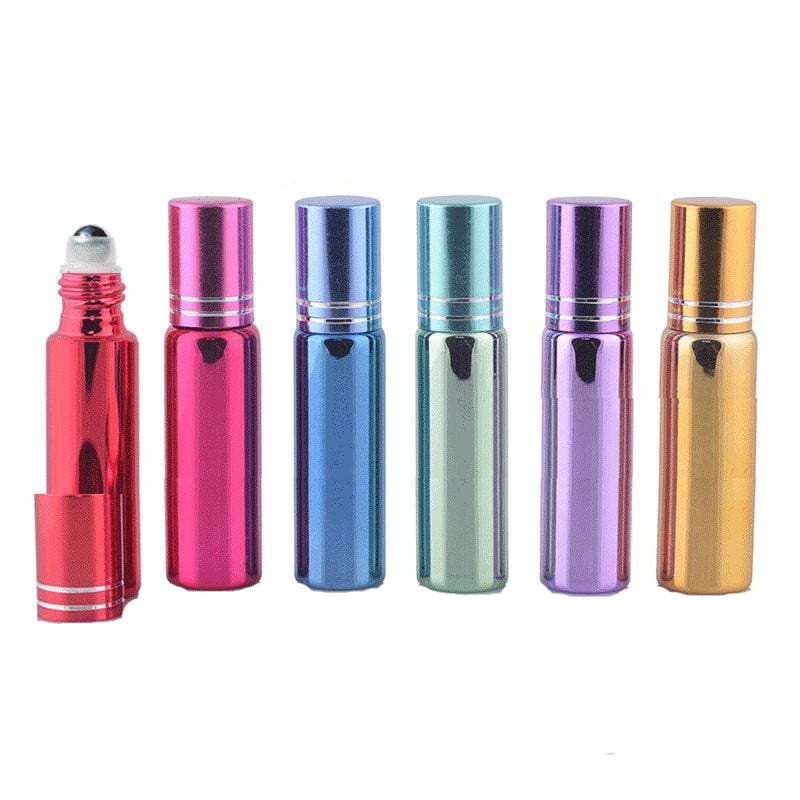 12 UPSCALE 10ml GLASS Essential Oil Glass Roll On Bottles Stainless Steel Roller (1/3 Oz) Fabulous Metallic Colors UV Coating  10 ml