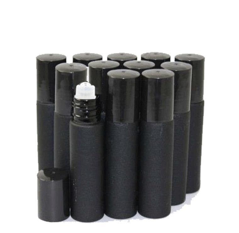 12  Black 10 ml Roll On Glass Perfume Bottles Steel Roller for Cologne, EO 10 ml 1/3 Oz Sleek MODERN Masculine Packaging, Unisex Oil 10ml
