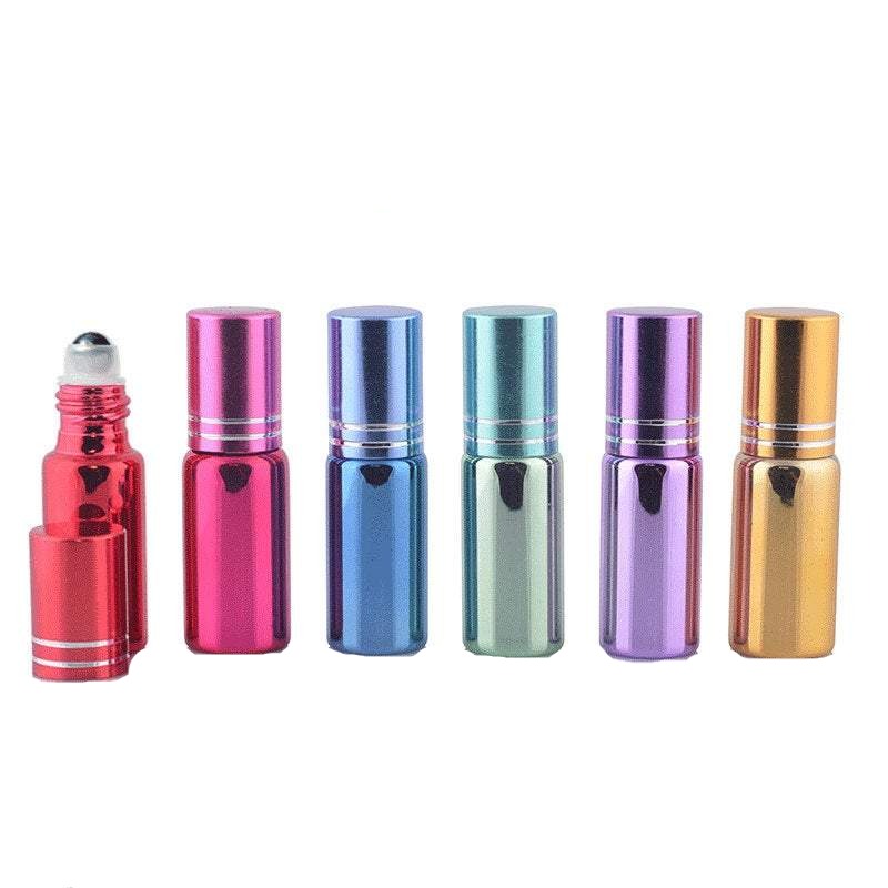 12 UPSCALE Mini 5ml GLASS Essential Oil Glass Roll On Bottles Stainless Steel Roller (1/6 Oz) Fabulous Metallic Colors UV Coating   5 ml