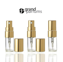 Load image into Gallery viewer, 6 Clear Glass 3ml Fine Mist Atomizer Bottles 3 ml w/ Gold Metallic Spray Mist Caps Perfume Cologne Travel Size Sample Packaging Wholesale