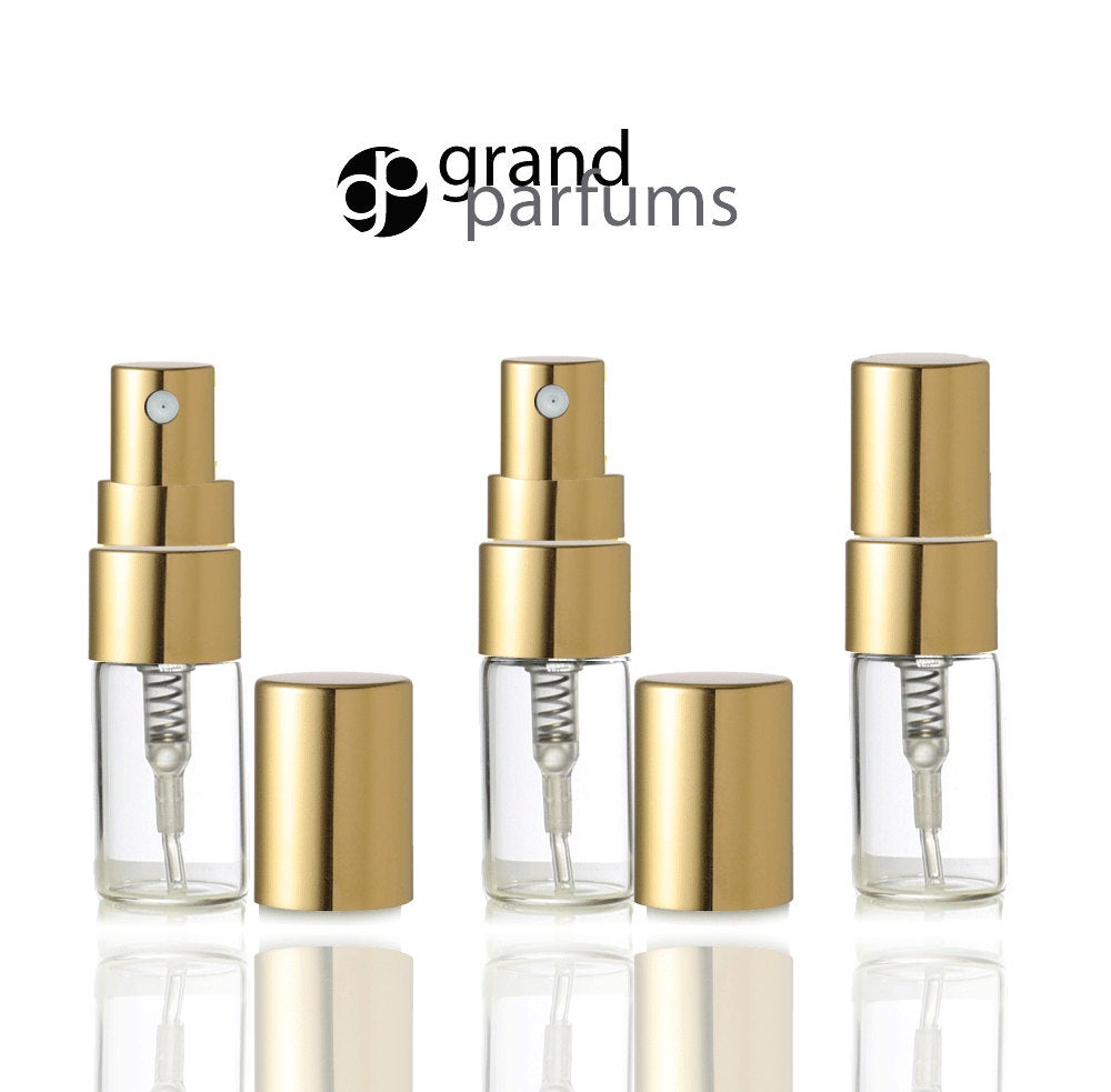 6 Clear Glass 3ml Fine Mist Atomizer Bottles 3 ml w/ Gold Metallic Spray Mist Caps Perfume Cologne Travel Size Sample Packaging Wholesale