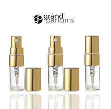 Load image into Gallery viewer, 6 Clear Glass 3ml Fine Mist Atomizer Bottles 3 ml w/ Silver Metallic Spray Mist Caps Perfume Cologne Travel Size Sample Packaging Wholesale