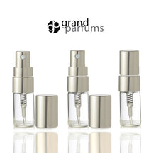 Load image into Gallery viewer, 6 Clear Glass 3ml Fine Mist Atomizer Bottles 3 ml w/ Gold Metallic Spray Mist Caps Perfume Cologne Travel Size Sample Packaging Wholesale