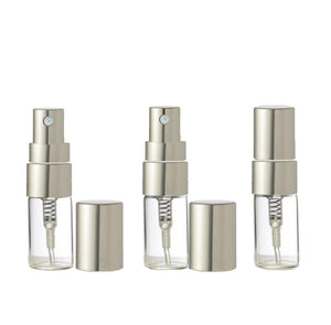 24 Clear Glass 3ml Fine Mist Atomizer Bottles 3 ml w/ Silver Metallic Spray Mist Caps Perfume Cologne Travel Size Sample Packaging Wholesale