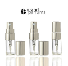 Load image into Gallery viewer, 6 Clear Glass 3ml Fine Mist Atomizer Bottles 3 ml w/ Silver Metallic Spray Mist Caps Perfume Cologne Travel Size Sample Packaging Wholesale