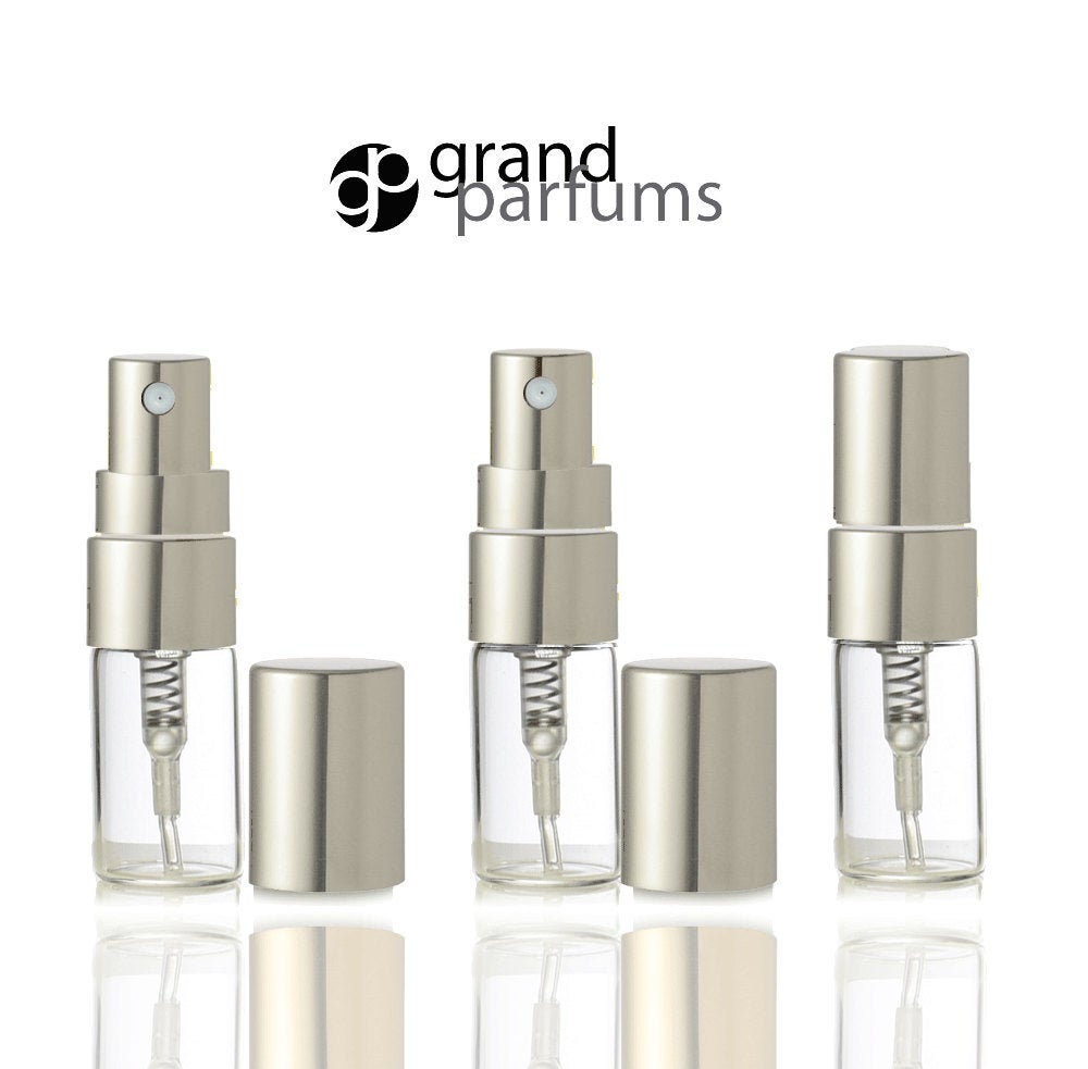 6 Clear Glass 3ml Fine Mist Atomizer Bottles 3 ml w/ Silver Metallic Spray Mist Caps Perfume Cologne Travel Size Sample Packaging Wholesale