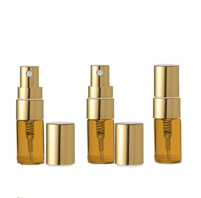 12 AMBER Glass 3ml Fine Mist Atomizer Bottles 3 ml w/ Gold Metallic Spray Mist Caps Perfume Cologne Travel Size Sample Packaging Wholesale