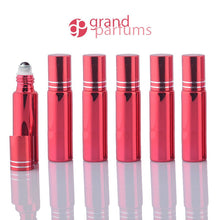 Load image into Gallery viewer, 5 UPSCALE RED 10ml Glass Essential Oil Glass Roll On Bottles Stainless Steel Roller (1/3 Oz) Fabulous Metallic Colors UV Coating  10 ml