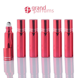 5 UPSCALE RED 10ml Glass Essential Oil Glass Roll On Bottles Stainless Steel Roller (1/3 Oz) Fabulous Metallic Colors UV Coating  10 ml