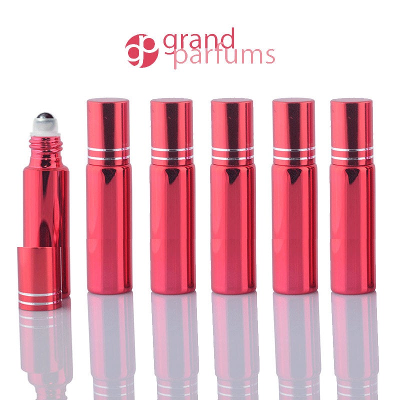 5 UPSCALE RED 10ml Glass Essential Oil Glass Roll On Bottles Stainless Steel Roller (1/3 Oz) Fabulous Metallic Colors UV Coating  10 ml