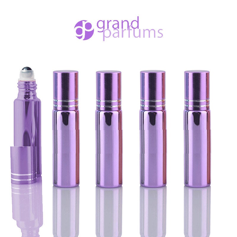 5 UPSCALE LAVENDER 10ml Glass Essential Oil Glass Roll On Bottles Stainless Steel Roller (1/3 Oz) Fabulous Metallic Colors UV Coating
