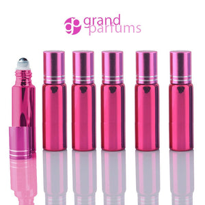 5 UPSCALE RED 10ml Glass Essential Oil Glass Roll On Bottles Stainless Steel Roller (1/3 Oz) Fabulous Metallic Colors UV Coating  10 ml