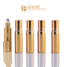 Load image into Gallery viewer, 5 UPSCALE GOLD 10ml Glass Essential Oil Glass Roll On Bottles Stainless Steel Roller (1/3 Oz) Fabulous Metallic Colors UV Coating