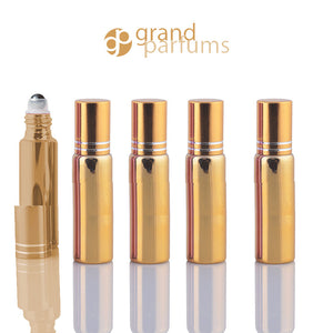 5 UPSCALE GOLD 10ml Glass Essential Oil Glass Roll On Bottles Stainless Steel Roller (1/3 Oz) Fabulous Metallic Colors UV Coating