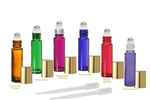 12 Gemstones Color Collection 10ml Glass Roll On Bottles UPSCALE Premium Stainless STEEL ROLLERS Essential Oil Red Blue Plum Green Purple