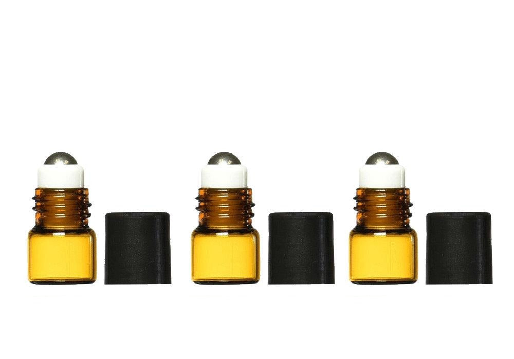 24 MINI 1ml AMBER Glass Roller Ball Roll On Bottles Vials w/ Stainless Steel Rollers for Perfume Essential Oil Samples Roll-on 1 ml 1/4 Dram