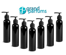 Load image into Gallery viewer, 3 Black 8 Oz PET Plastic Cosmo Bottes w/ Black Pump Lotion Pump Dispenser Cap, Shampoo Body Cream Soap Aromatherapy Private Label  240ml