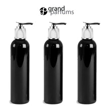 Load image into Gallery viewer, 6 Pink 8 Oz PET Plastic Cosmo Bottes w/ Shiny Silver Lotion Pump Dispenser Cap, Shampoo Body Cream Soap Modern Upscale Private Label  240ml
