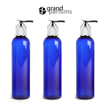 Load image into Gallery viewer, 3 Purple 8 Oz PET Plastic Cosmo Bottles w/ Shiny Silver Lotion Pump Dispenser Cap Shampoo Body Cream Modern Upscale Private Label  240ml