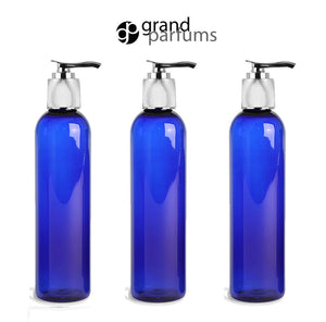 3 Purple 8 Oz PET Plastic Cosmo Bottles w/ Shiny Silver Lotion Pump Dispenser Cap Shampoo Body Cream Modern Upscale Private Label  240ml