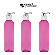 Load image into Gallery viewer, 6 Pink 8 Oz PET Plastic Cosmo Bottes w/ Shiny Silver Lotion Pump Dispenser Cap, Shampoo Body Cream Soap Modern Upscale Private Label  240ml