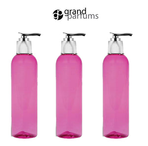 6 Pink 8 Oz PET Plastic Cosmo Bottes w/ Shiny Silver Lotion Pump Dispenser Cap, Shampoo Body Cream Soap Modern Upscale Private Label  240ml