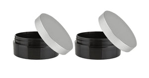 3 LUXURY Shiny Black 2 Oz PET Plastic Jars 60ml w/ Premium Shiny SILVER Aluminum Caps Body Cream Scrubs Modern Packaging, Masculine 60 ml