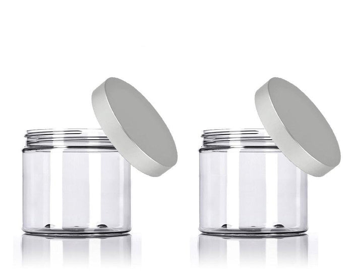 3 LUXURY Hi Wall CLEAR PET 8 Oz Plastic Cosmetic Jars 240ml w/ Premium Matte Silver Aluminum Caps Body Creams Scrubs 240 ml Spa Packaging