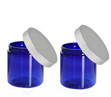 Load image into Gallery viewer, 3 LUXURY Hi Wall Blue 8 Oz Plastic PET Cosmetic Cream Jars 240ml w/ Premium Matte SILVER Aluminum Caps Body Cream Scrubs Salts, Masks 240 ml