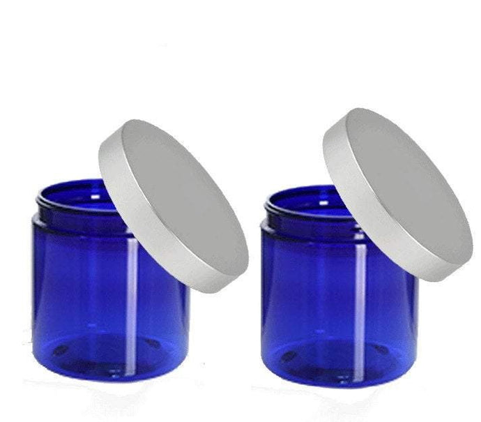 3 LUXURY Hi Wall Blue 8 Oz Plastic PET Cosmetic Cream Jars 240ml w/ Premium Matte SILVER Aluminum Caps Body Cream Scrubs Salts, Masks 240 ml