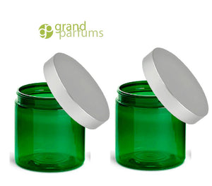 12 LUXURY Hi Wall GREEN 8 Oz Plastic Jars 240ml w/ Premium Matte SILVER Aluminum Caps Body Creams Scrubs Salts, Masks 240 ml Spa Packaging