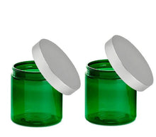 Load image into Gallery viewer, 3 LUXURY Hi Wall GREEN 8 Oz Plastic Jars 240ml w/ Premium Matte SILVER Aluminum Caps Body Creams Scrubs Salts, Masks 240 ml Spa Packaging