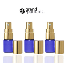 Load image into Gallery viewer, 6 Cobalt Blue Glass 2ml Fine Mist Atomizer Bottles 3 ml w/ Gold Metallic Spray Mist Caps Perfume Cologne Travel Size Sample Packaging Bulk