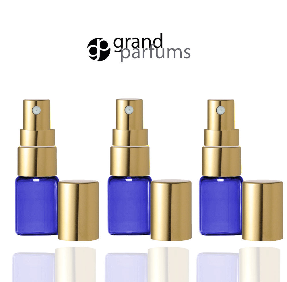 6 Cobalt Blue Glass 2ml Fine Mist Atomizer Bottles 3 ml w/ Gold Metallic Spray Mist Caps Perfume Cologne Travel Size Sample Packaging Bulk
