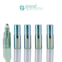 Load image into Gallery viewer, 5 UPSCALE GOLD 5ml Glass Essential Oil Glass Roll On Bottles Stainless Steel Roller (1/3 Oz) Fabulous Metallic Colors UV Coating   5 ml