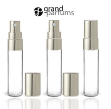 Load image into Gallery viewer, 6 GOLD or SILVER Printed Glass 5ml Fine Mist Atomizer Bottles 5 ml w/ Metallic Spray Mist Cap Perfume Cologne Travel Size Sample Party Favor
