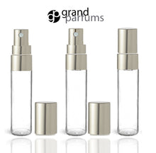 Load image into Gallery viewer, 24 GOLD or SILVER Printed Glass 5ml Fine Mist Atomizer Bottles 5 ml w/ Metallic Spray Cap Perfume Cologne Travel Size Sample Party Favor