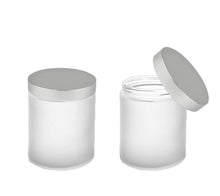 Load image into Gallery viewer, 12 Clear FROSTED GLASS 8 Oz Empty Cosmetic Jars 240ml w/ Matte Silver Metallic Upscale Caps Body Butter, Sugar Scrubs, Bath Salt Conditioner